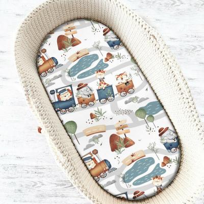 Cearceaf cu elastic, MimiNu, Pentru landou, carucior si cosulet, Dimensiune 80x35 cm, Din bumbac certificat Oeko Tex Standard 100, Design, Zoo in train